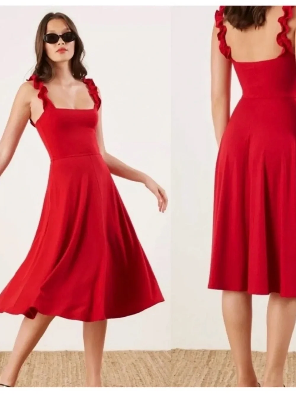 Reformation Eda Dress Cherry Red Ruffle-Strap Midi Dress - Picture 1 of 3